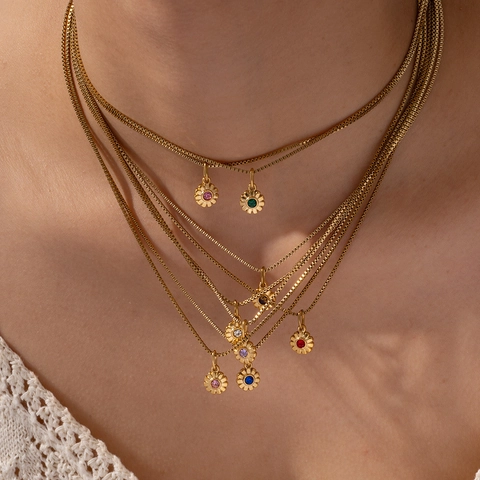 Edelstahl Blume Anhänger Halskette Für Damen Zwölf Monate Geburtsstein Sternenstein Gänseblümchen Boxkette Schmuck Vergoldet Strass Geschenk