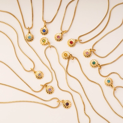 Edelstahl Blume Anhänger Halskette Für Damen Zwölf Monate Geburtsstein Sternenstein Gänseblümchen Boxkette Schmuck Vergoldet Strass Geschenk