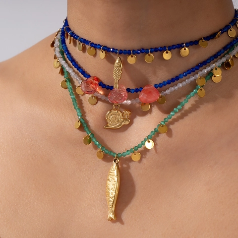 Böhmische Edelstahl Naturstein Perlenkette Für Damen Handgefertigte Fisch Schnecke Anhänger Halskette Retro Schmuck
