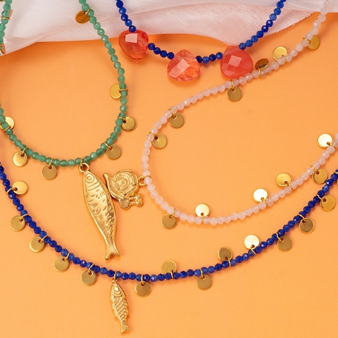 Böhmische Edelstahl Naturstein Perlenkette Für Damen Handgefertigte Fisch Schnecke Anhänger Halskette Retro Schmuck