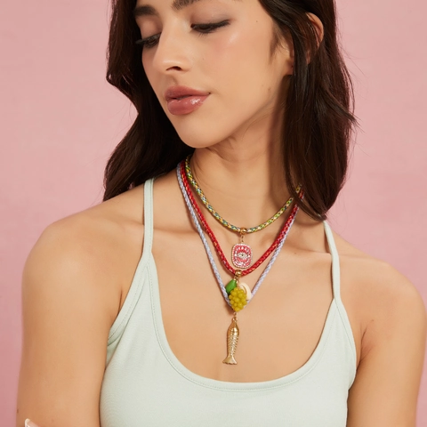 Handgefertigte Böhmische Geflochtene Kordel Halskette Für Damen Edelstahl Fisch Traube Böser Blick Anhänger Strass Schmuck