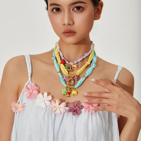 Handmade Stainless Steel Fabric Scarf Necklace For Women With Alphabet Letter Fruit Sea Theme Enamel Alloy Pendants