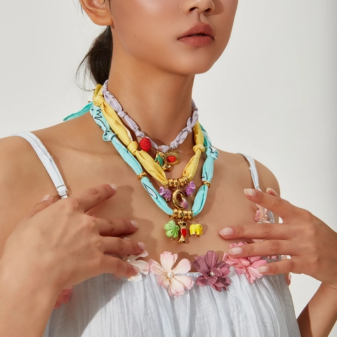 Handmade Stainless Steel Fabric Scarf Necklace For Women With Alphabet Letter Fruit Sea Theme Enamel Alloy Pendants