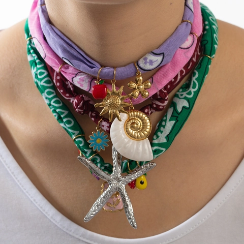 Bohemian Edelstahl Seestern Schnecke Seidenschal Halskette Handgefertigt Paisley Muster Stoff Bunter Strand Schmuck Für Damen