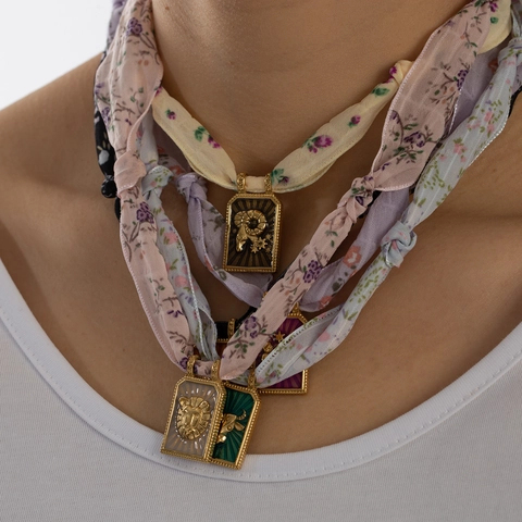 Vintage Stainless Steel Pendant Necklace With Satin Scarf Chain Zodiac Sign Embossed Rectangular Pendant Bohemian Jewelry