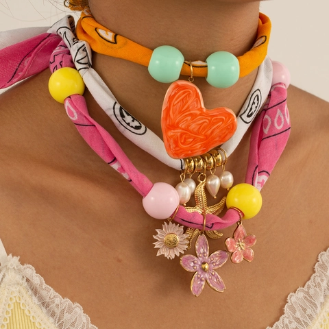 Bohemian Edelstahl Schal Halskette Für Damen Stoff Blumen Herz Seestern Anhänger Handgefertigte Stoff Choker Mode Schmuck