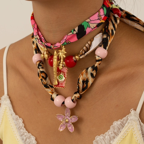 Bohemian Stainless Steel Satin Scarf Necklace Ocean Pendants Seashell Starfish Evil Eye Adjustable Vacation Jewelry For Women