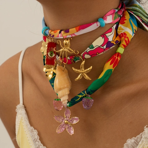 Bohemian Stainless Steel Satin Scarf Necklace Ocean Pendants Seashell Starfish Evil Eye Adjustable Vacation Jewelry For Women