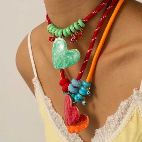 Böhmische Herz Anhänger Halskette Edelstahl Schmuck Geflochtene Schnur Marmoriertes Harz Herz Böser Blick Perlen Damen Accessoire