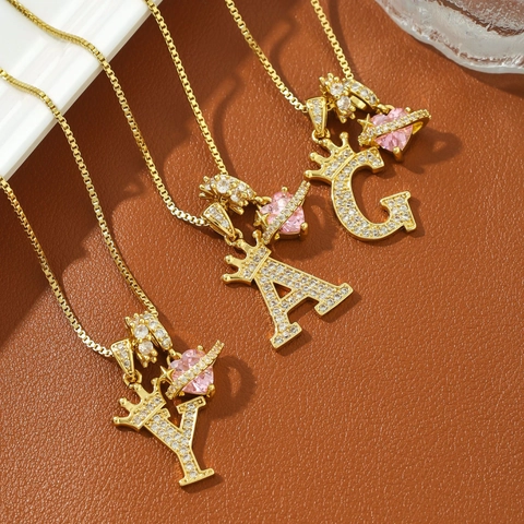 Fashion Copper Zirconia Crown Alphabet Initial Letter Pendant Necklace With Pink Heart Planet Charm Box Chain For Women Jewelry