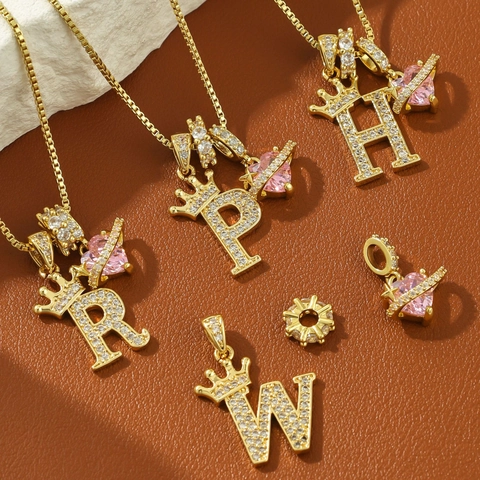 Fashion Copper Zirconia Crown Alphabet Initial Letter Pendant Necklace With Pink Heart Planet Charm Box Chain For Women Jewelry