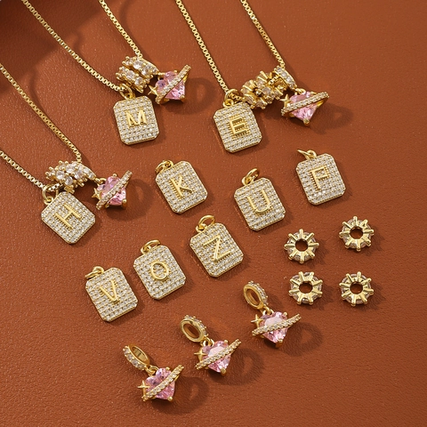 Copper Alphabet Initial Pendant Necklace Fashion Pink Heart Planet Rhinestone Inlaid Box Chain Jewelry For Women