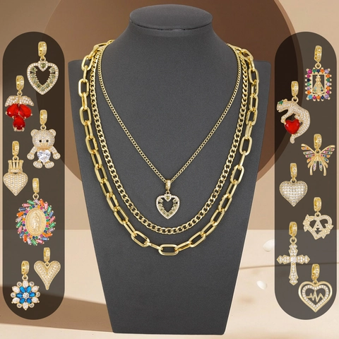 Gold Dreischichtiges Halskette Triple Mehrreihige Kette Mit Zirkonia Schmetterling Herz Anhänger Leichter Luxus Mode Schmuck Damen