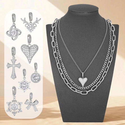Collier à Pendentif en Zircone de Laiton Triple Couche de Mode pour Femmes Tour de Cou de Chaîne de Trombone Argenté de Luxe Bijoux Empilés