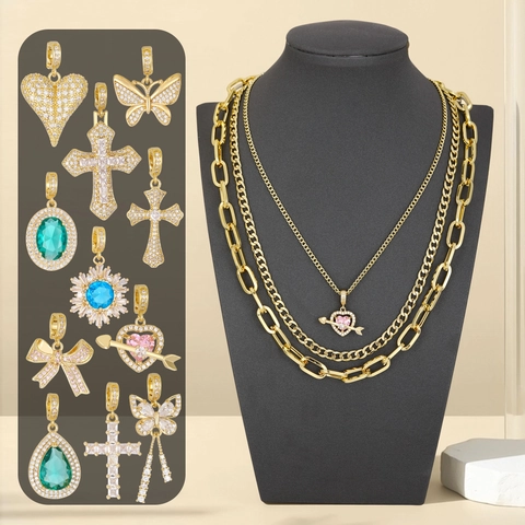 Gold Dreischichtiges Halskette Triple Mehrreihige Kette Mit Zirkonia Schmetterling Herz Anhänger Leichter Luxus Mode Schmuck Damen