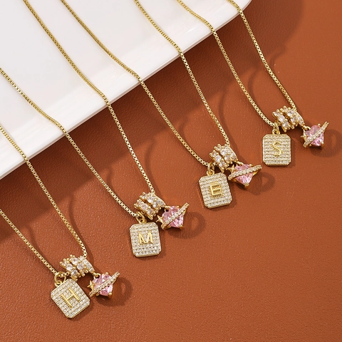 Copper Alphabet Initial Pendant Necklace Fashion Pink Heart Planet Rhinestone Inlaid Box Chain Jewelry For Women