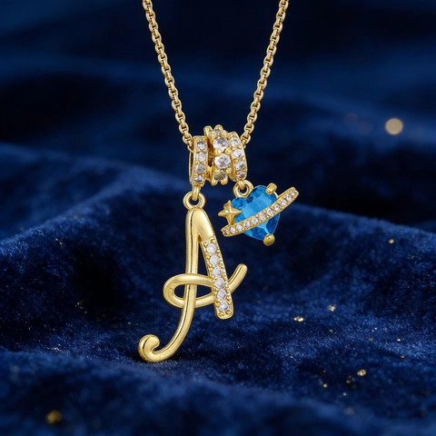Fashion Copper Letter Necklace Women Gold Silver Plated Blue Heart Planet Pendant Zircon Inlaid Box Chain Choker Jewelry