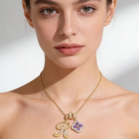 Alphabet Initials Pendant Necklace Copper Zirconia Inlaid Four Leaf Clover Double Pendant Box Chain Jewelry For Women