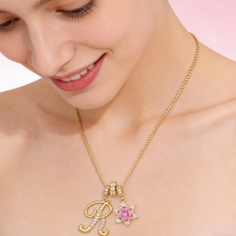 Collar de Alfabeto Colgante de Copo de Nieve de Circonia Rosa Chapado en Oro 18K Cobre Cadena de Caja Joyería Regalo Mujer