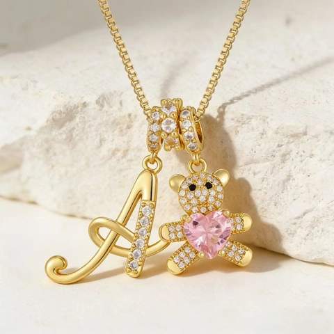 Copper Zirconia Letter Pendant Necklace With Pink Heart Bear Design Fashion Gold Silver Color Box Chain Jewelry Gift