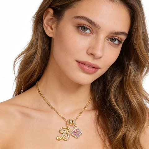 Copper Zirconia Initial Alphabet Letter Pendant Necklace With Pink Four Leaf Clover Charm Adjustable Box Chain Women Jewelry