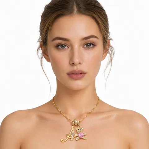 Copper Zirconia Letter Pendant Necklace With Pink Heart Bear Design Fashion Gold Silver Color Box Chain Jewelry Gift
