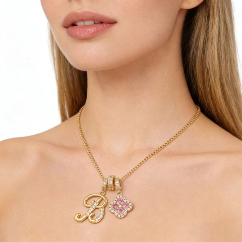 Copper Zirconia Initial Alphabet Letter Pendant Necklace With Pink Four Leaf Clover Charm Adjustable Box Chain Women Jewelry