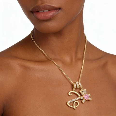 Dopamine 26 Alphabet Initial Letter Bear Pendant Necklace Copper Inlaid Zirconia Pink Heart Stone Box Chain Fashion Jewelry