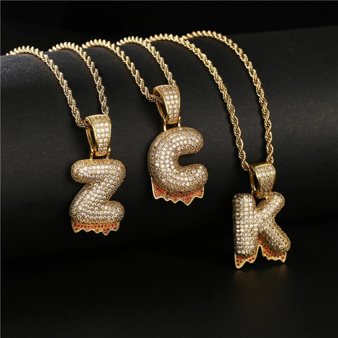 Hip Hop Iced Out Lava Tropfen Bubble Buchstabe Anhänger Halskette Zirkonia Kupfer Kordelkette Für Herren Damen Schmuck