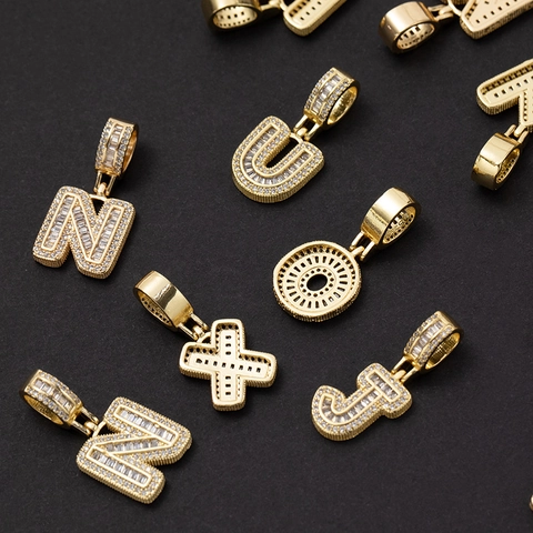 Hip Hop Iced Out Alphabet Anhänger Halskette Für Herren Damen Kupfer Eingelegter Zirkonia Baguette Alphabet Initial A-Z Vergoldet Seilkette Schmuck