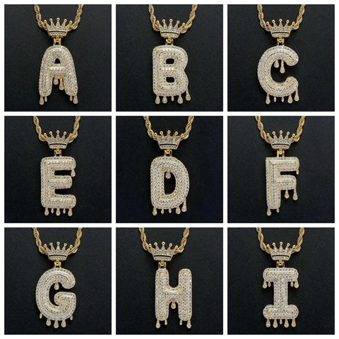 Hip Hop Initial Letter Pendant Necklace Crown Drip Effect Copper Zirconia Gold Silver Plated Iced Out Jewelry With Rope Chain