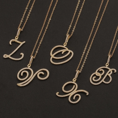 Hip Hop Cursive 26 Alphabet Pendant Necklace Copper 18K Gold Plated Micro Inlaid Zirconia Iced Out Initial Chain For Women Men