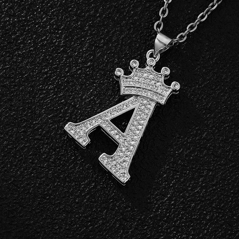 Hip Hop Copper Zirconia Crown Alphabet Pendant Necklace For Men Women Iced Out Stainless Steel O Chain Fashion Jewelry