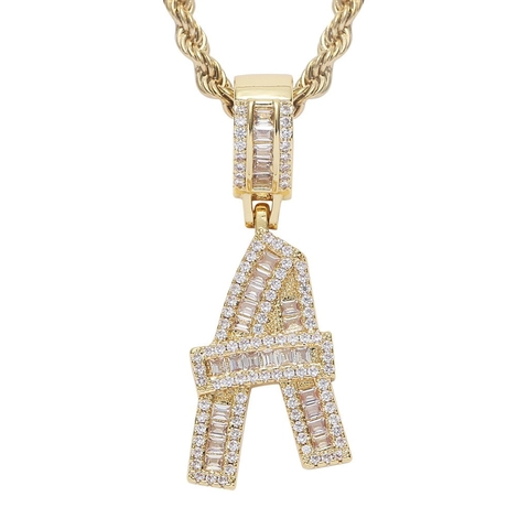 Hip Hop Initial Letter Pendant Necklace Baguette Zirconia Iced Out Copper Gold Silver Plated Rope Chain Fashion Jewelry