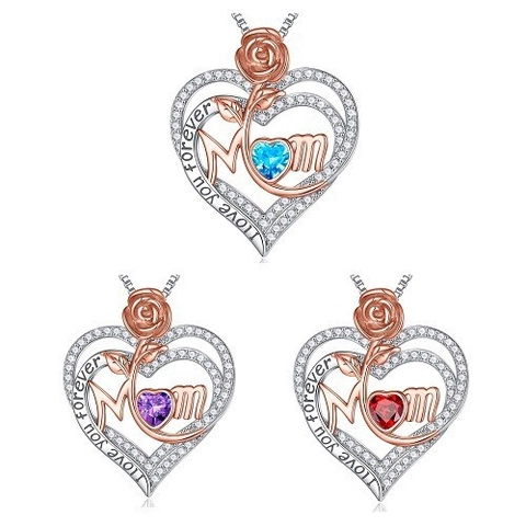 Koper Zirkonia Hart Mom Hanger Ketting Met Roos Bloem Zilver Roségoud Verguld Moederdag Sieraden Cadeau Voor Dames