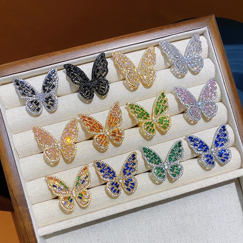 Anillo Abierto Ajustable Mariposa Cobre Circonita Hueco Estilo Ins Lindo Joyería De Moda Para Mujeres