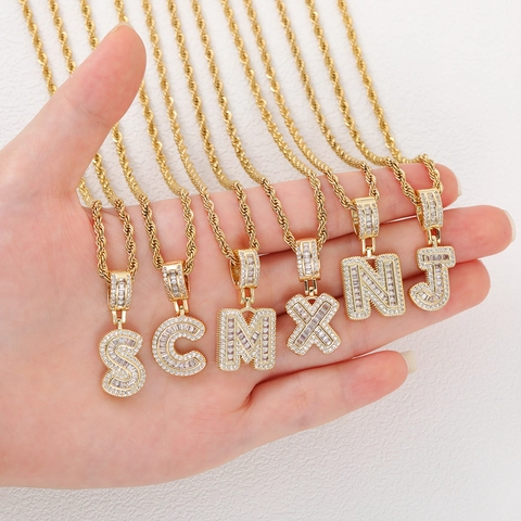 Fashion Copper Zirconia 18K Gold Plated English Letter Pendant Necklace Hip Hop Style Twisted Rope Chain Jewelry For Women