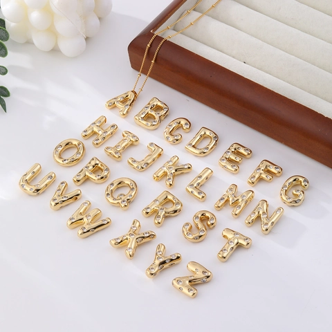 18K Gold Plated Copper Initial Necklace For Women Puffy Bubble 3D Letter Pendant With Zirconia Sparkling Bead Chain