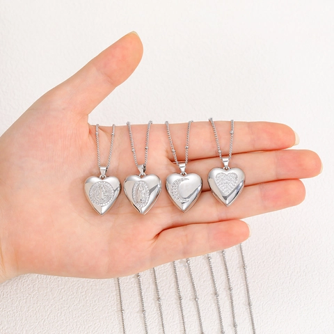Vintage Herz Medaillon Halskette Für Damen Kupfer Zirkonia Jungfrau Maria Mond Anhänger Religiöser Schmuck Geschenk
