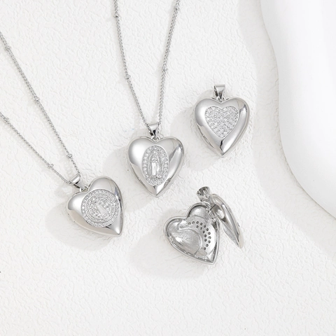 Vintage Herz Medaillon Halskette Für Damen Kupfer Zirkonia Jungfrau Maria Mond Anhänger Religiöser Schmuck Geschenk