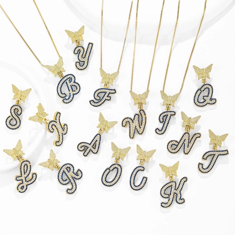 Butterfly Initial Letter Pendant Necklace Hip Hop Gold Plated Zirconia Alphabet Necklace For Women Men Personalized Jewelry Gift