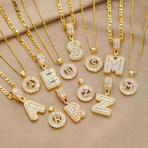 Hip Hop Copper Rhinestone Initial Letter Necklace Set For Women Men Iced Out Block Alphabet Round Flower Pendant Figaro Beaded Chain Jewelry