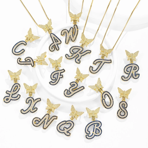 Butterfly Initial Letter Pendant Necklace Hip Hop Gold Plated Zirconia Alphabet Necklace For Women Men Personalized Jewelry Gift