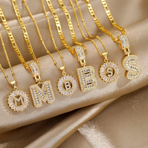 Hip Hop Copper Rhinestone Initial Letter Necklace Set For Women Men Iced Out Block Alphabet Round Flower Pendant Figaro Beaded Chain Jewelry