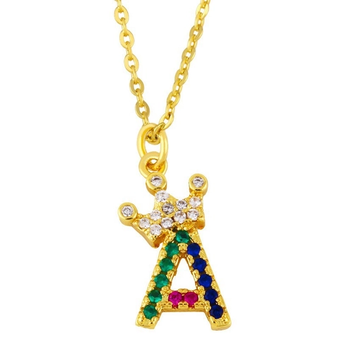 18K Gold Plated Copper Colorful Zirconia Alphabet Crown Pendant Necklace Personalized Initial Letter Jewelry For Women