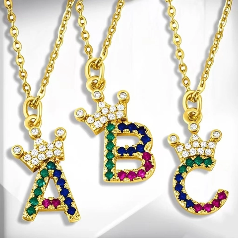 18K Gold Plated Copper Colorful Zirconia Alphabet Crown Pendant Necklace Personalized Initial Letter Jewelry For Women
