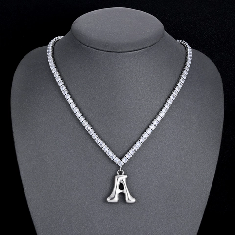 Damen Herren Hip Hop Puffy Bubble Initial Buchstaben Halskette Quadratische Zirkonia Tennis Kette Versilbert Personalisierte Mode Schmuck Anhänger Halsketten