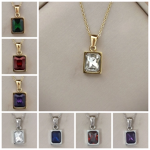Luxury Stainless Steel Rectangular Rhinestone Pendant Necklace For Women 18K Gold Plated Inlaid Clavicle Chain Jewelry Gift
