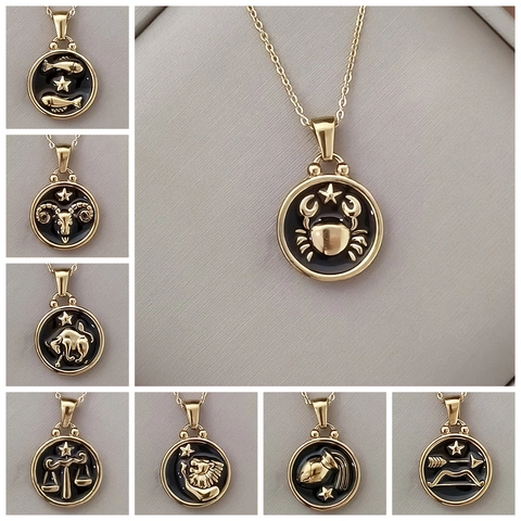 Retro Stainless Steel Twelve Zodiac Sign Round Coin Pendant Necklace For Women Enamel Embossed Clavicle Chain Jewelry