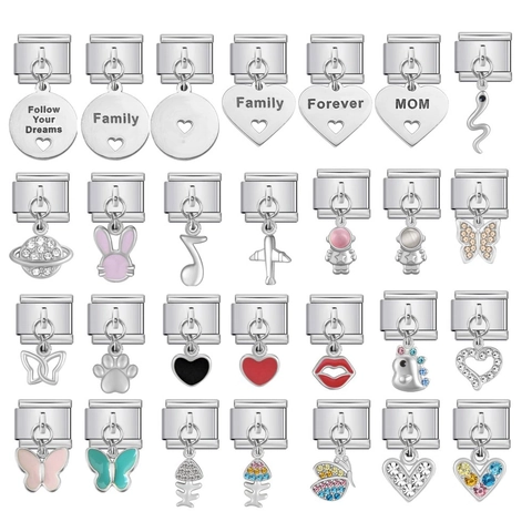 Link Charm Italiano in Acciaio Inossidabile Componente Bracciale Modulare Per Gioielli DIY Cuore Farfalla Astronauta Scritte Charm